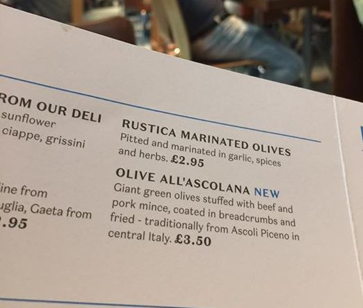 Menu aereoporto Londra con le olive all'ascolana